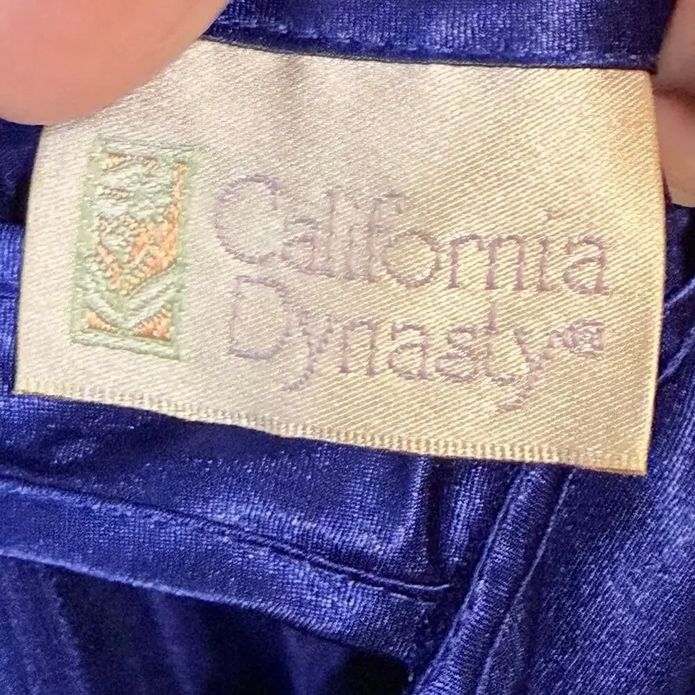 Vintage California dynasty royal blue satin long slip night gown frog button M
